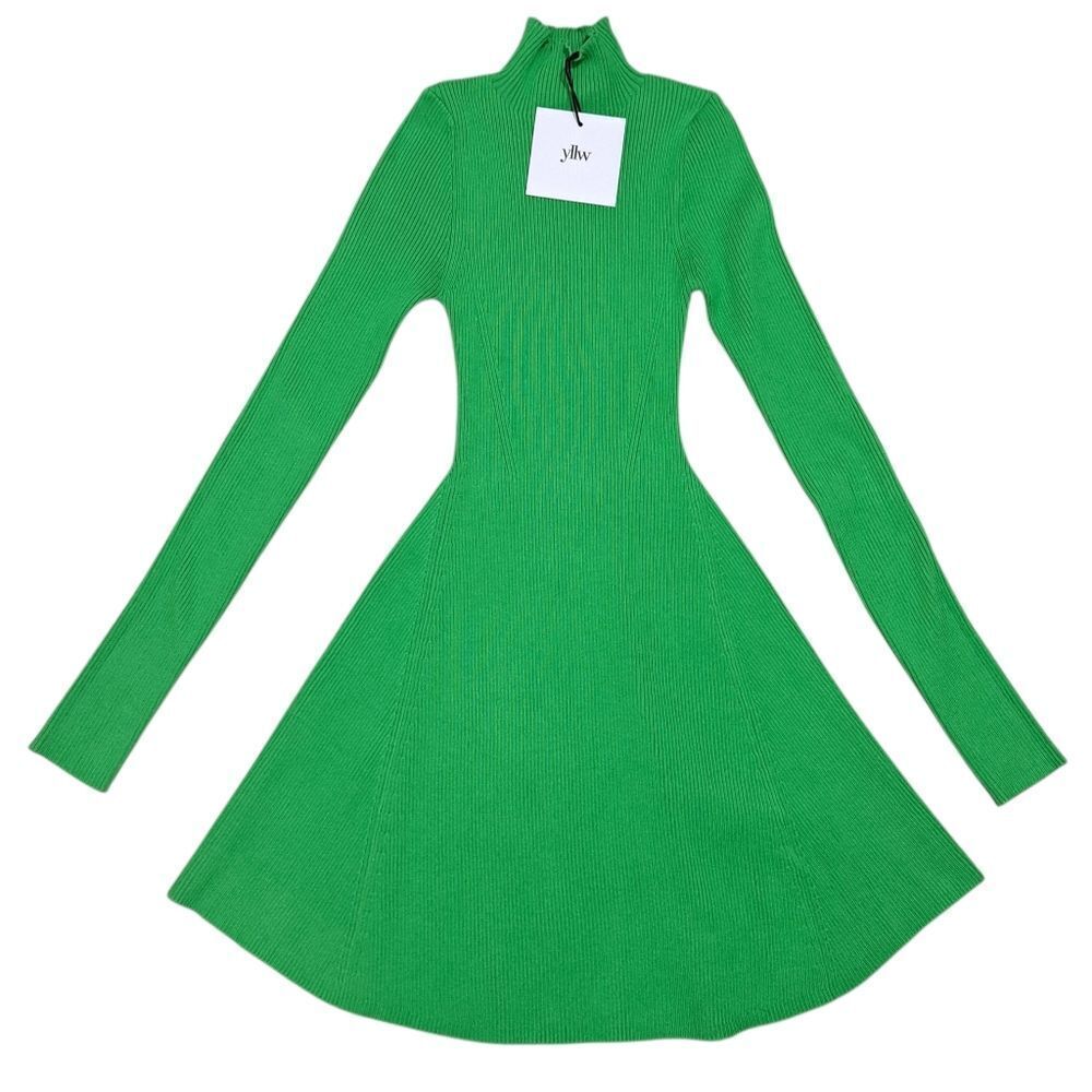 Yllw Mock Neck Holiday Party Fit & Flare Knit Mini Dress Vibrant Green Small NWT